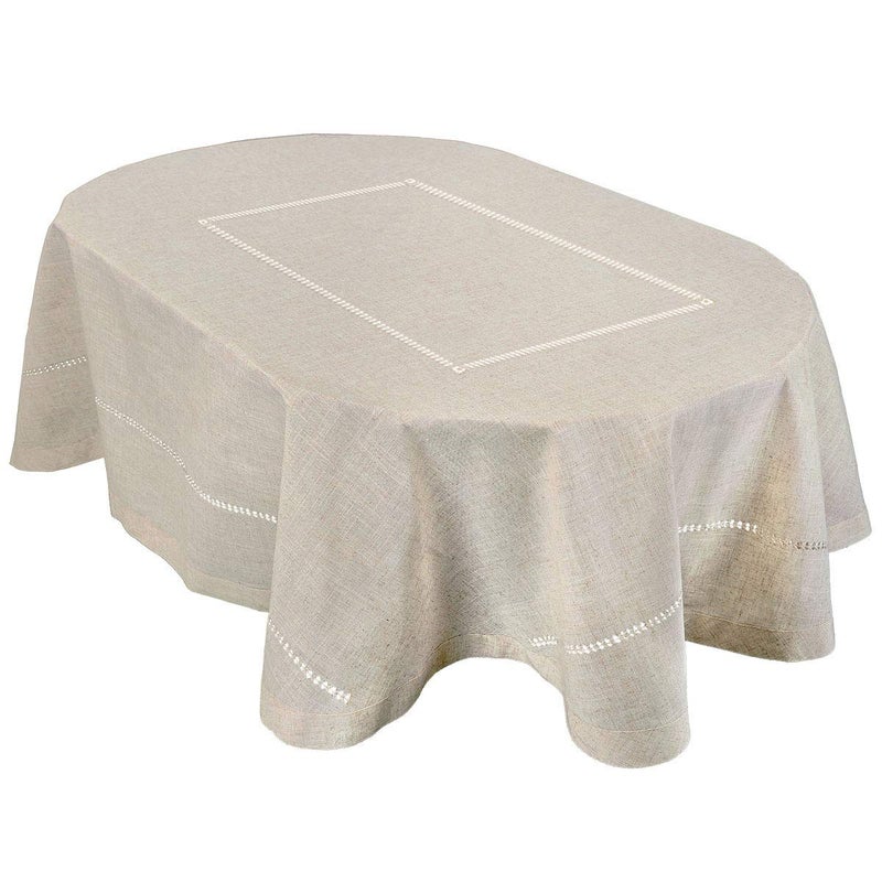Grelucgo Handmade Double Hemstitch Natural Tablecloth, Oval 60 by 102 Inch - Image 1